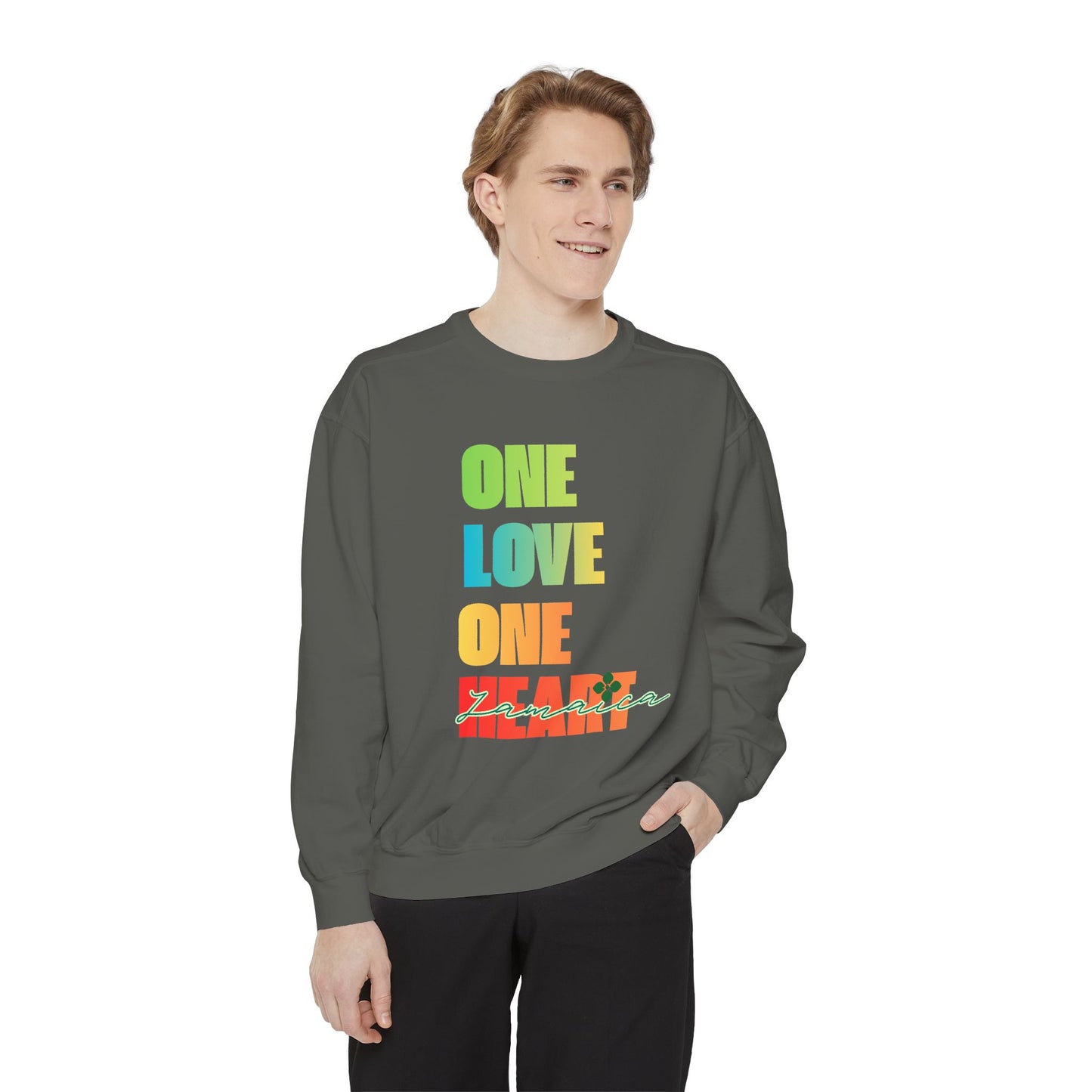 ONE LOVE ONE HEART JAMAICA Sweatshirt – Livitee Yardwear | Unisex Caribbean Pride Crewneck