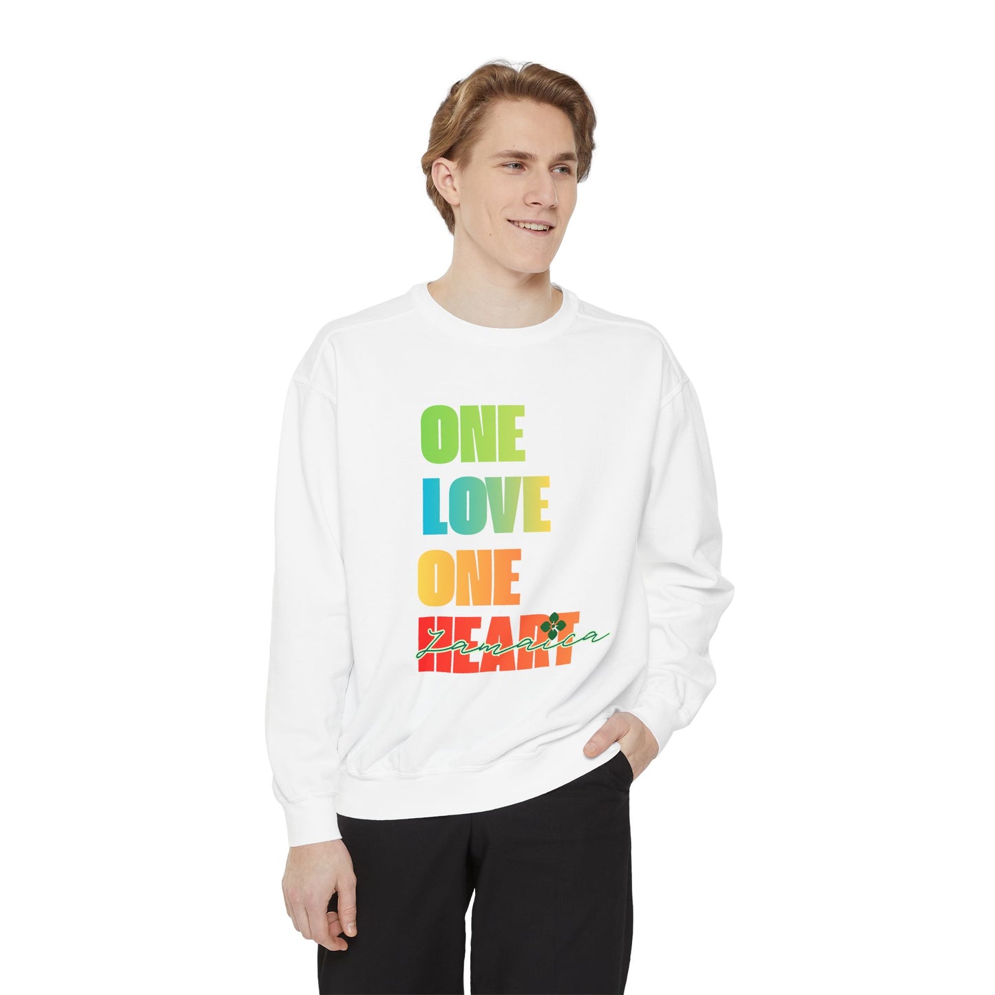 ONE LOVE ONE HEART JAMAICA Sweatshirt – Livitee Yardwear | Unisex Caribbean Pride Crewneck
